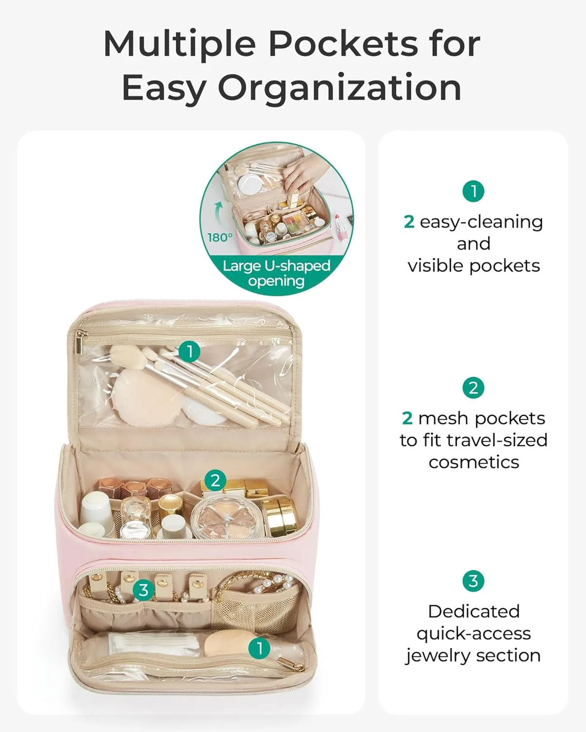 BAGSMART Travel Makeup Bag with Jewelry Organizer, Portable Make Up Bag, Puffy Wide-Opening Cosmetic Storage Pouch for Womens Toiletries and Travel Essentials (Light Beige)