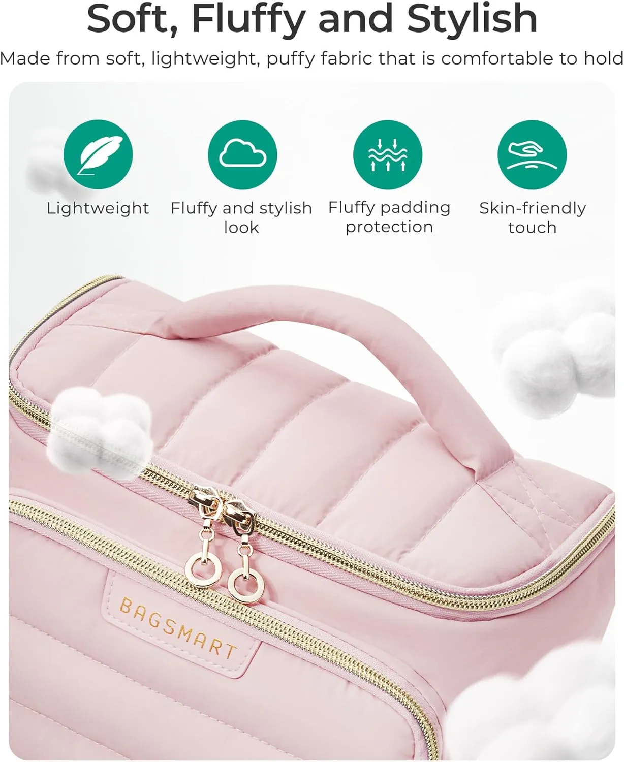 BAGSMART Travel Makeup Bag with Jewelry Organizer, Portable Make Up Bag, Puffy Wide-Opening Cosmetic Storage Pouch for Womens Toiletries and Travel Essentials (Light Beige)