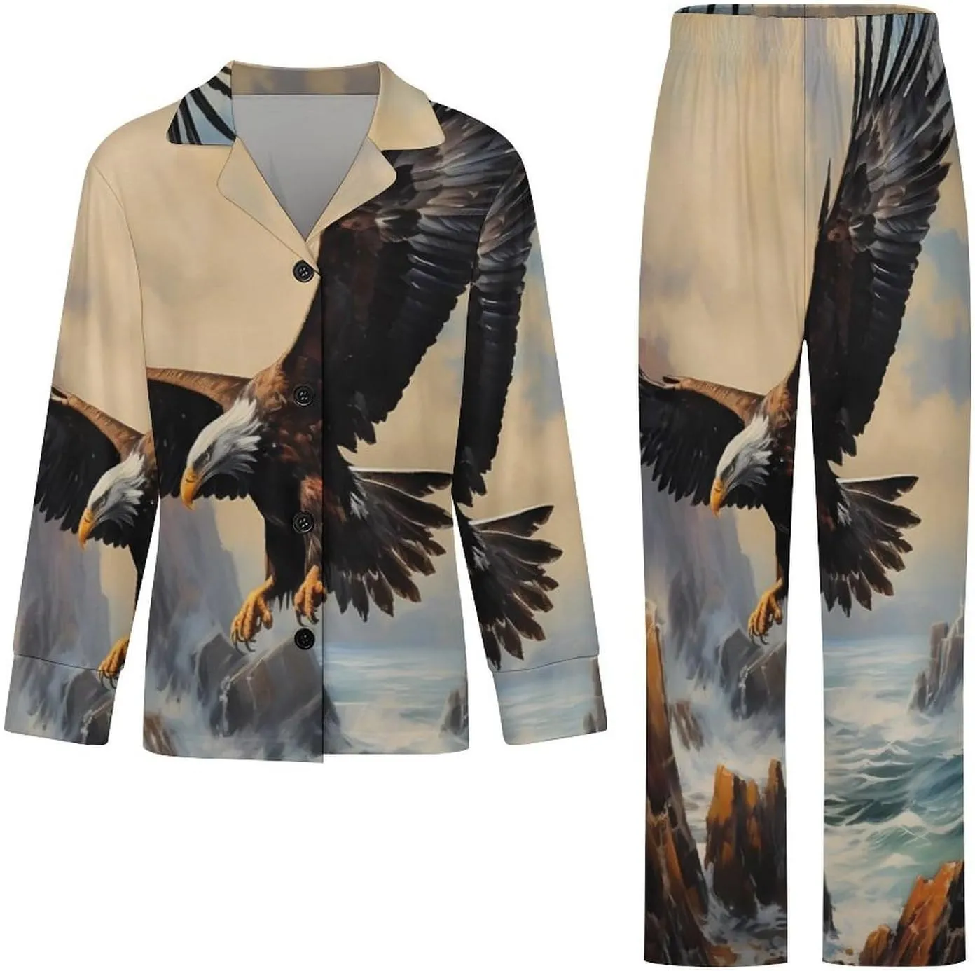 Bald Eagle Women's Long Sleeve Pajama Set Soft Button Down Nightwear Loungewear Lounge Sets