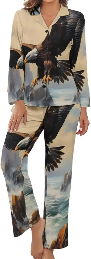 Bald Eagle Women's Long Sleeve Pajama Set Soft Button Down Nightwear Loungewear Lounge Sets