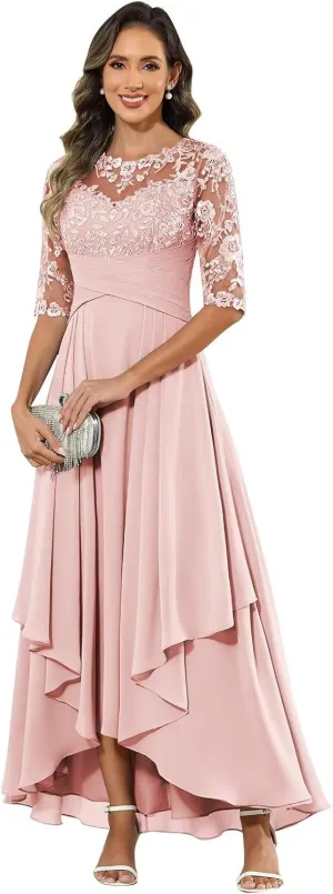 BANTRATIC Women's Ankle Length Mother of The Bride Dresses for Wedding Lace Appliques Crew Neck Tiered Formal Evening Gown