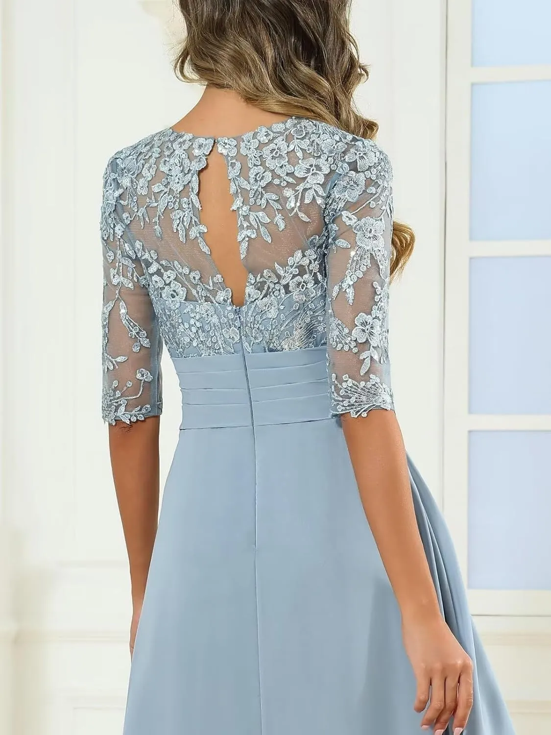 BANTRATIC Women's Ankle Length Mother of The Bride Dresses for Wedding Lace Appliques Crew Neck Tiered Formal Evening Gown