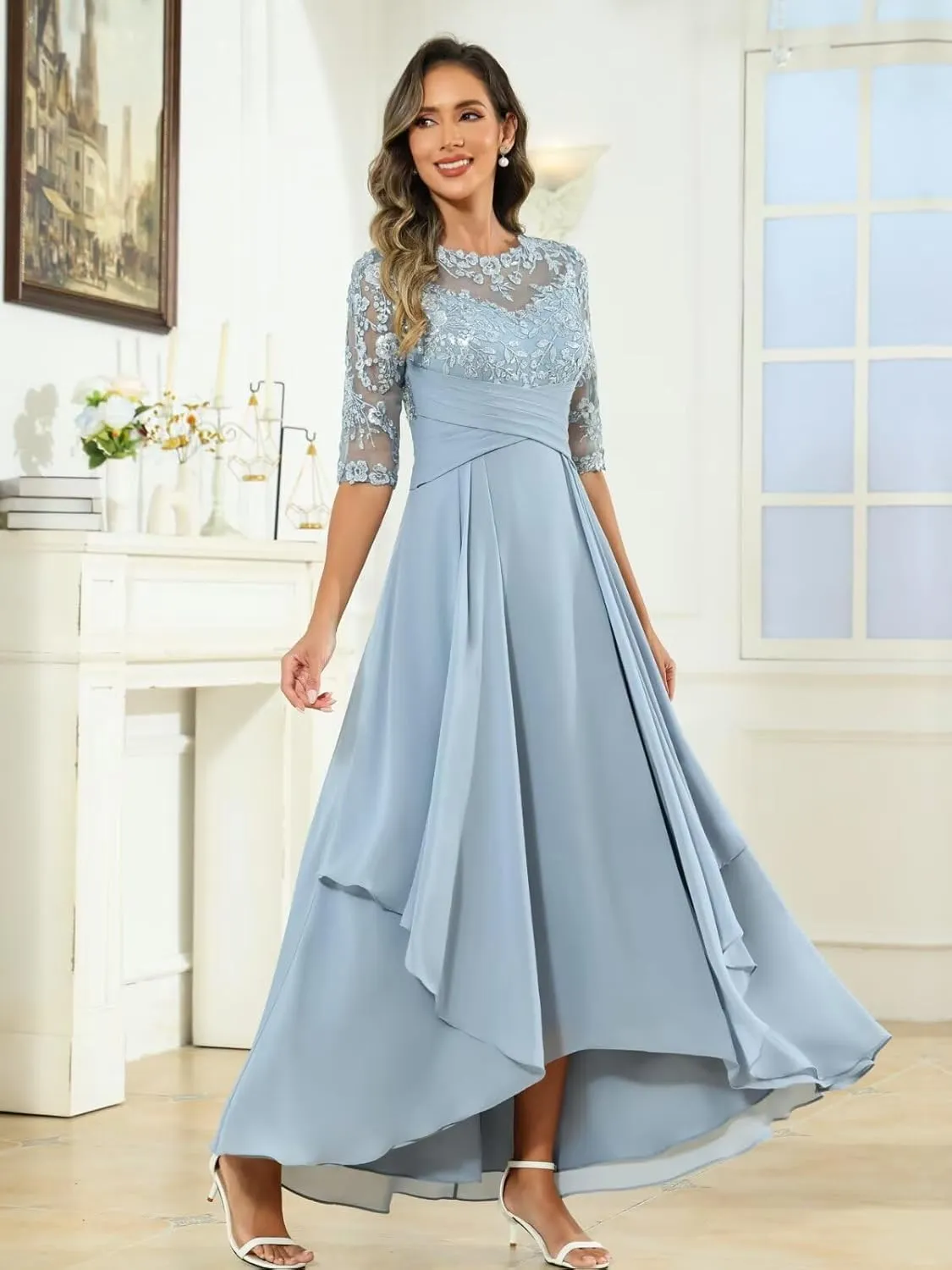 BANTRATIC Women's Ankle Length Mother of The Bride Dresses for Wedding Lace Appliques Crew Neck Tiered Formal Evening Gown