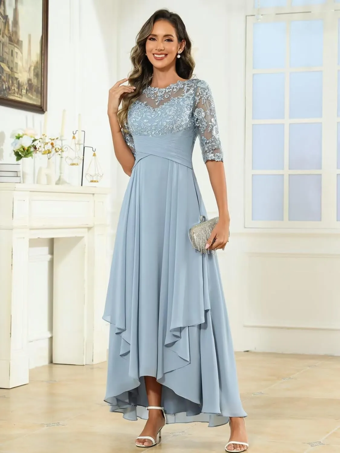 BANTRATIC Women's Ankle Length Mother of The Bride Dresses for Wedding Lace Appliques Crew Neck Tiered Formal Evening Gown