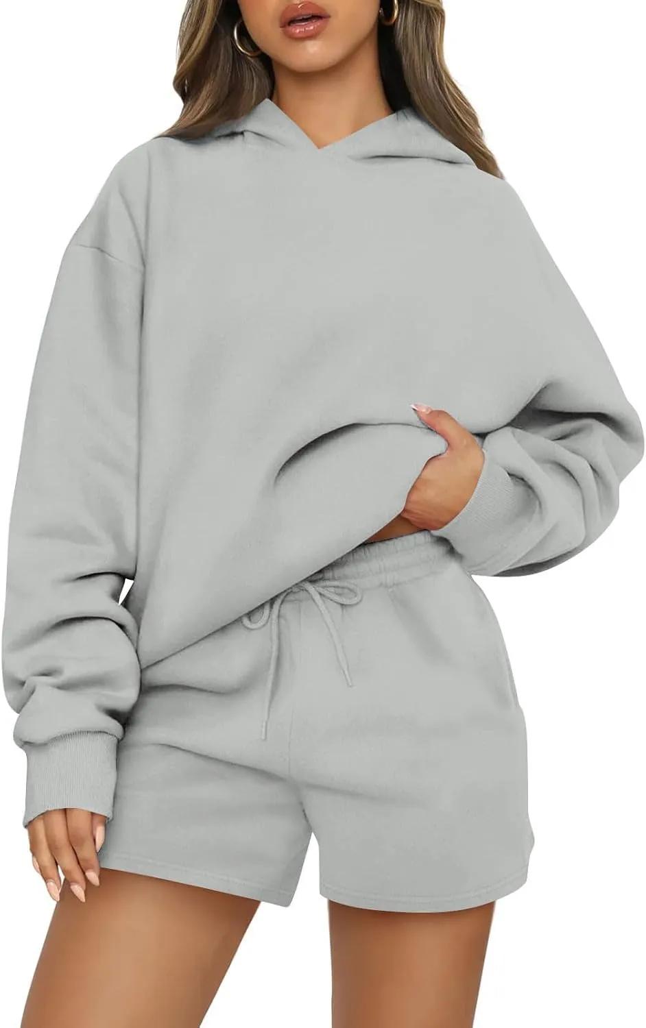 Basysin Lounge Sets for Women Womens 2 Piece Outfits Solid Oversized Hoodies Sweatsuit Sets Casual Sweatshirt and Shorts Set