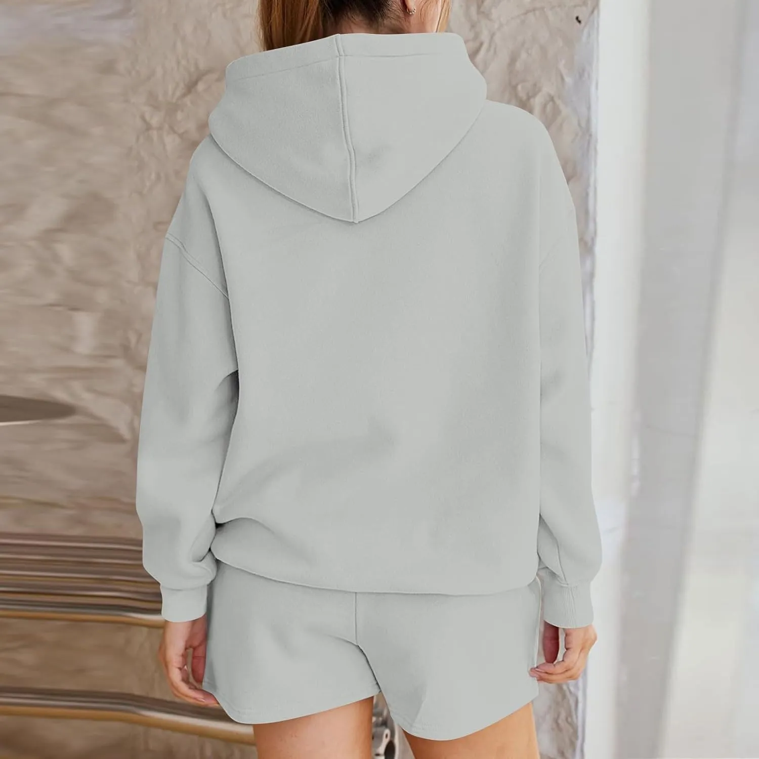 Basysin Lounge Sets for Women Womens 2 Piece Outfits Solid Oversized Hoodies Sweatsuit Sets Casual Sweatshirt and Shorts Set