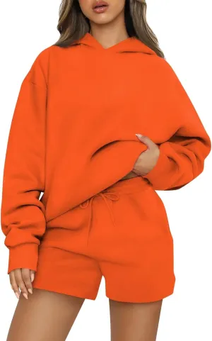 Basysin Lounge Sets for Women Womens 2 Piece Outfits Solid Oversized Hoodies Sweatsuit Sets Casual Sweatshirt and Shorts Set