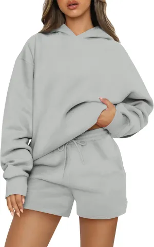 Basysin Lounge Sets for Women Womens 2 Piece Outfits Solid Oversized Hoodies Sweatsuit Sets Casual Sweatshirt and Shorts Set