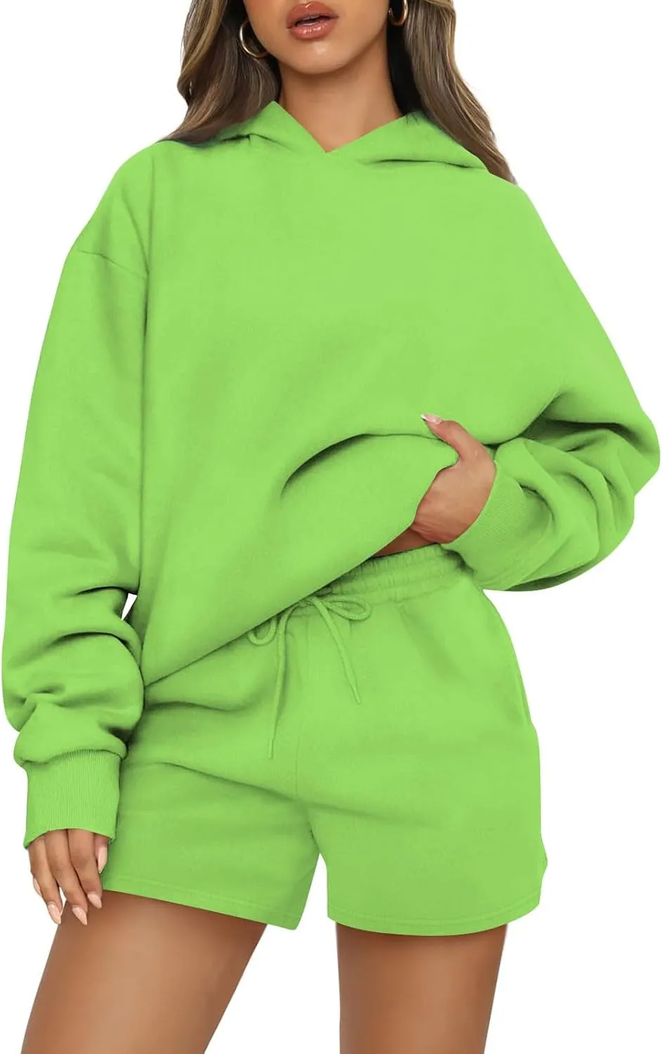 Basysin Lounge Sets for Women Womens 2 Piece Outfits Solid Oversized Hoodies Sweatsuit Sets Casual Sweatshirt and Shorts Set