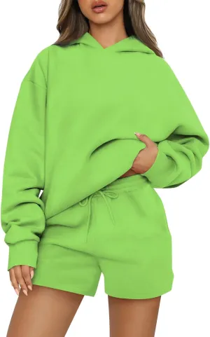 Basysin Lounge Sets for Women Womens 2 Piece Outfits Solid Oversized Hoodies Sweatsuit Sets Casual Sweatshirt and Shorts Set