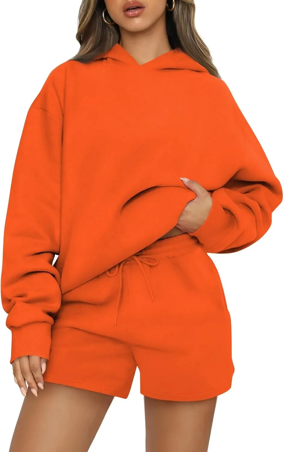 Basysin Lounge Sets for Women Womens 2 Piece Outfits Solid Oversized Hoodies Sweatsuit Sets Casual Sweatshirt and Shorts Set