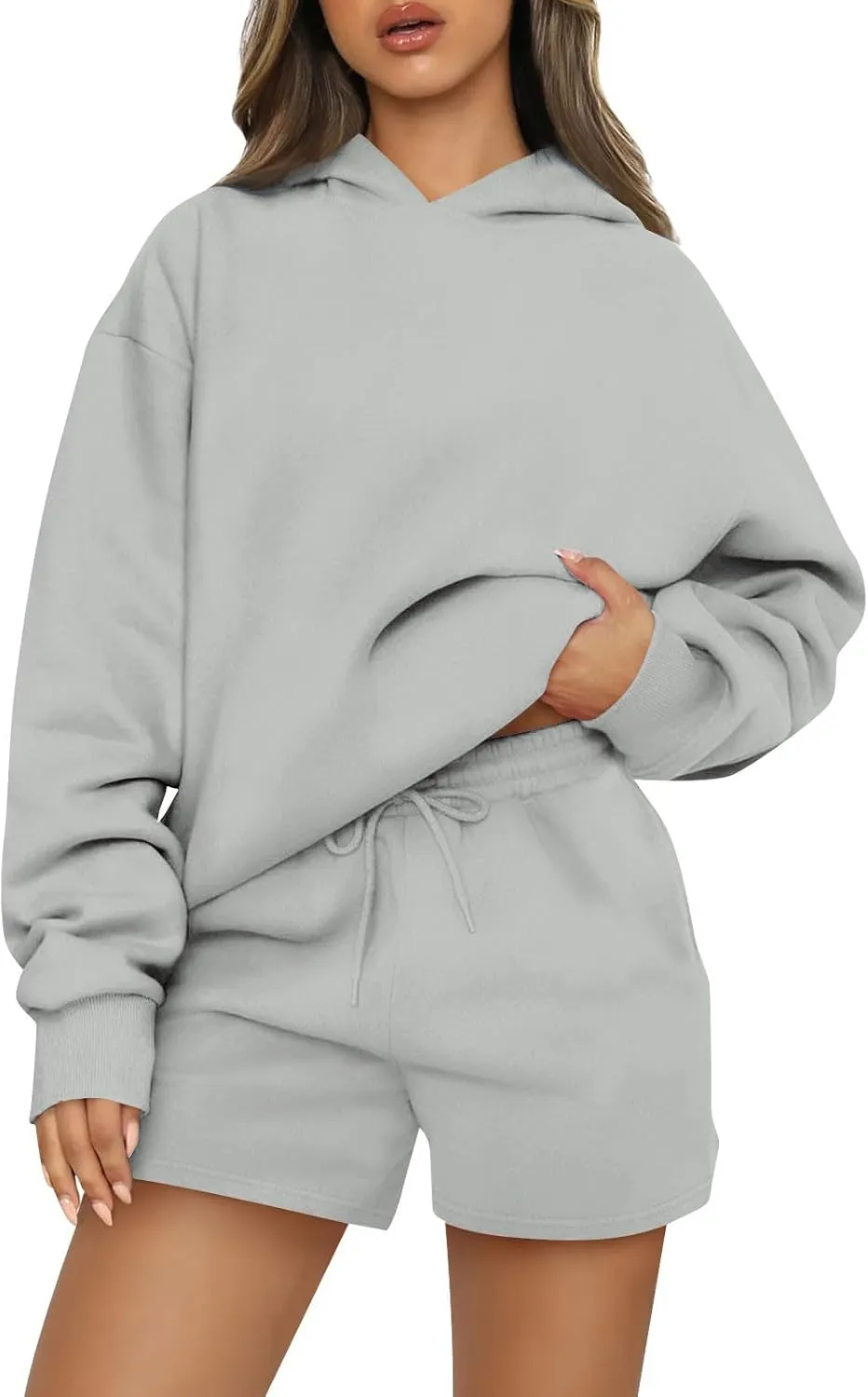 Basysin Lounge Sets for Women Womens 2 Piece Outfits Solid Oversized Hoodies Sweatsuit Sets Casual Sweatshirt and Shorts Set