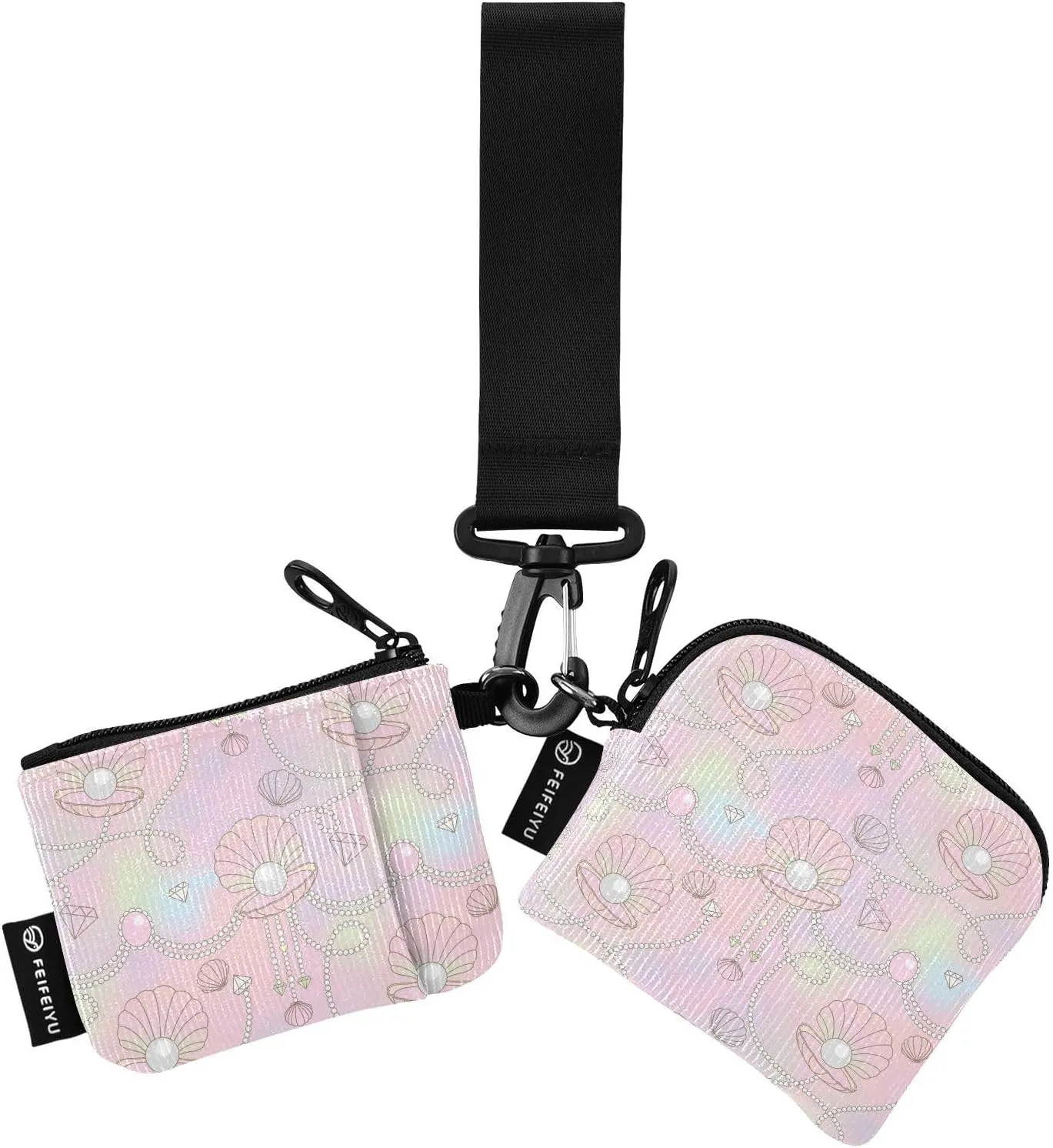 Beautiful Pearl Shell Jewelry Mini Zip Around Wristlet keychain Wallet for Women with Detachable Dual Pouch Wristlet Portable wallet Coin Purse