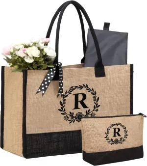 BeeGreen Burlap Monogram Tote Bag for Women Mother Personalized Teacher Appreciation Gifts Bag Beach Tote Bag for Friends Female Jute Beach Bag (Letter R)