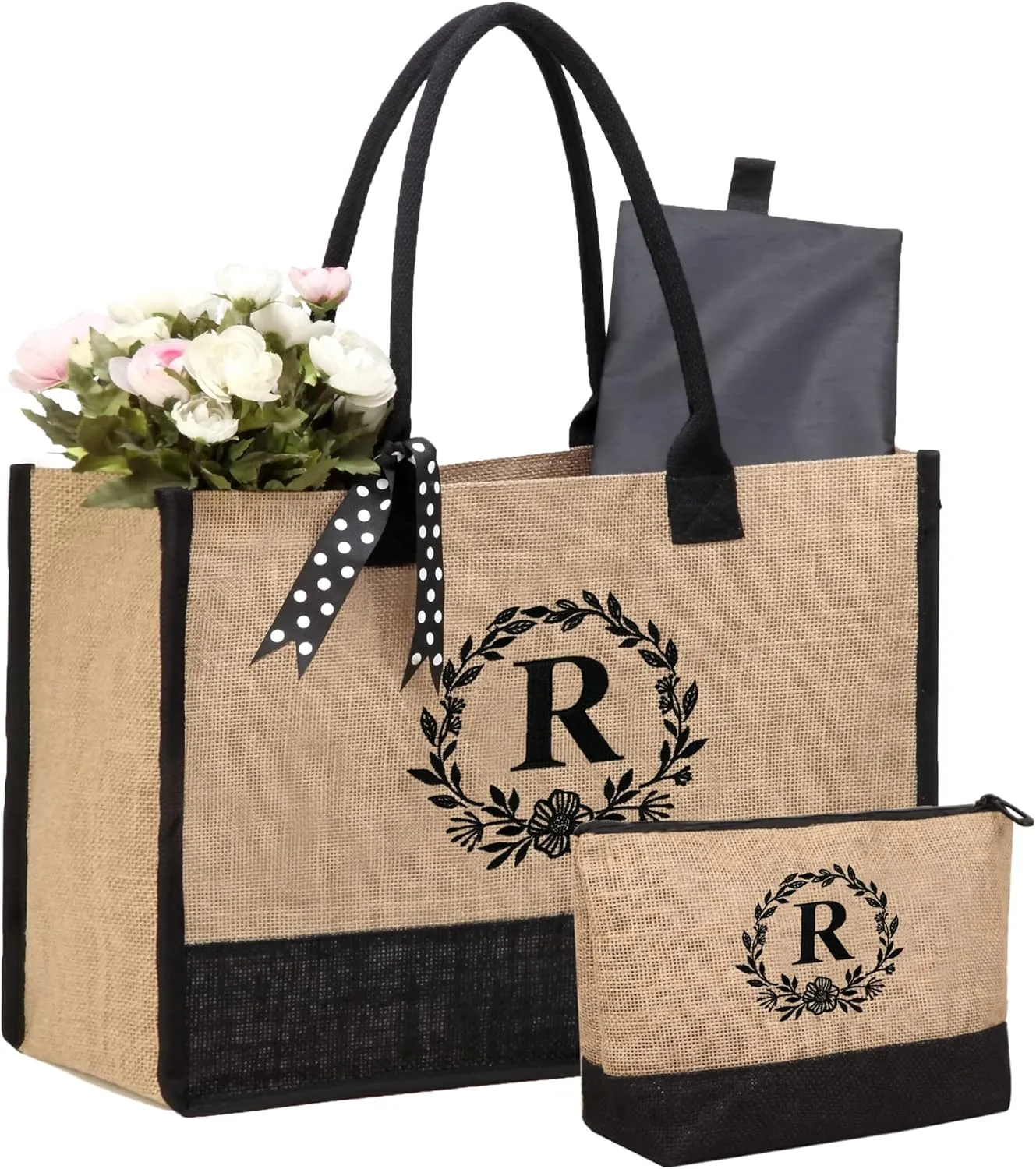 BeeGreen Burlap Monogram Tote Bag for Women Mother Personalized Teacher Appreciation Gifts Bag Beach Tote Bag for Friends Female Jute Beach Bag (Letter R)