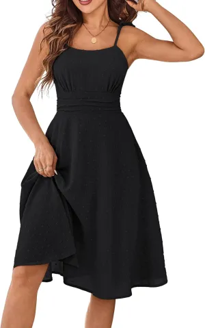 Belle Poque Women 2025 Summer Sundress Spaghetti Strap Swiss Dots A-line Midi Dresses with Pockets