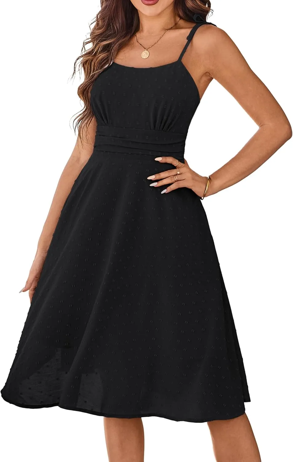 Belle Poque Women 2025 Summer Sundress Spaghetti Strap Swiss Dots A-line Midi Dresses with Pockets