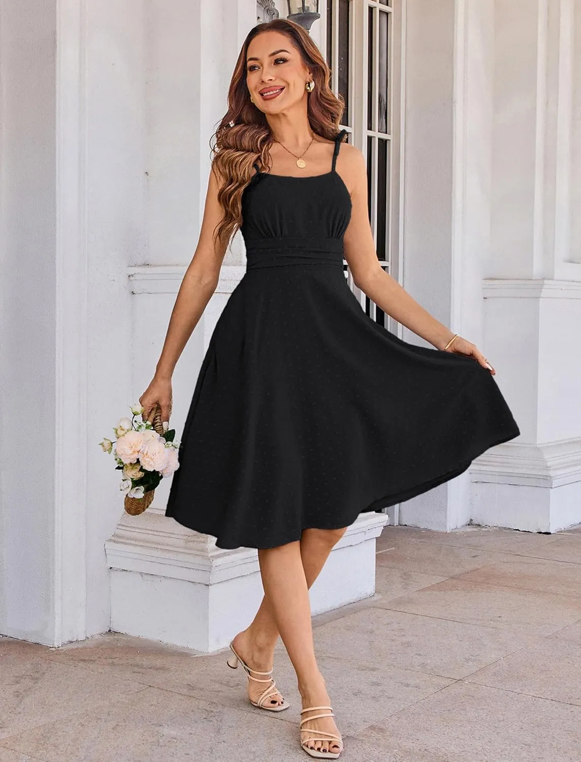Belle Poque Women 2025 Summer Sundress Spaghetti Strap Swiss Dots A-line Midi Dresses with Pockets