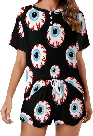 Bloodshot Eyeball Pajamas Set for Women Casual Pullover Short Sleeves And Shorts Two Piece Loungewear Set