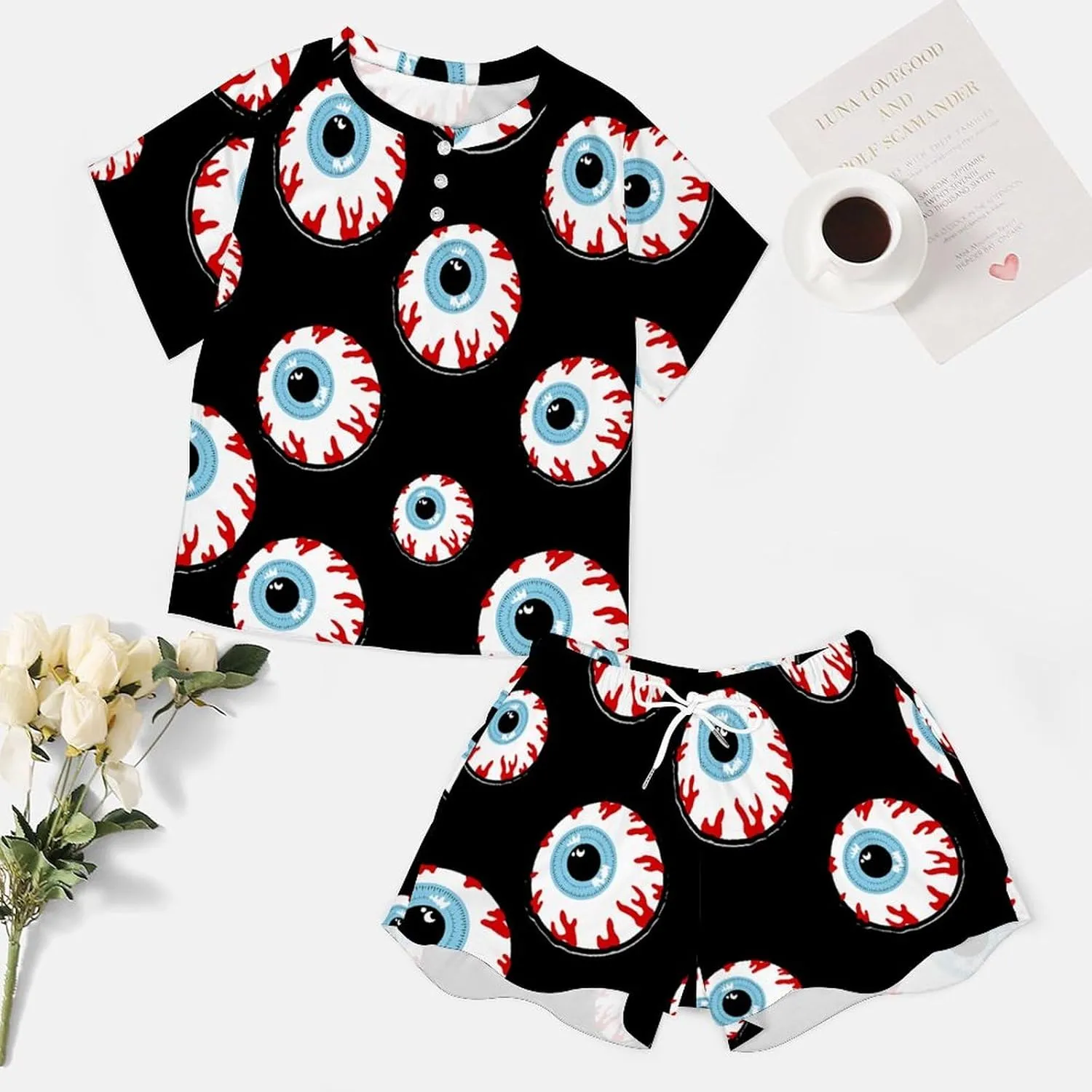 Bloodshot Eyeball Pajamas Set for Women Casual Pullover Short Sleeves And Shorts Two Piece Loungewear Set