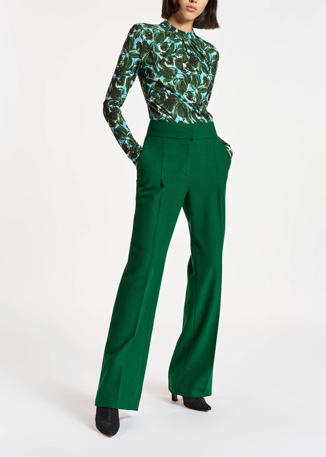 Blue and dark green leaf-print mock neck top
