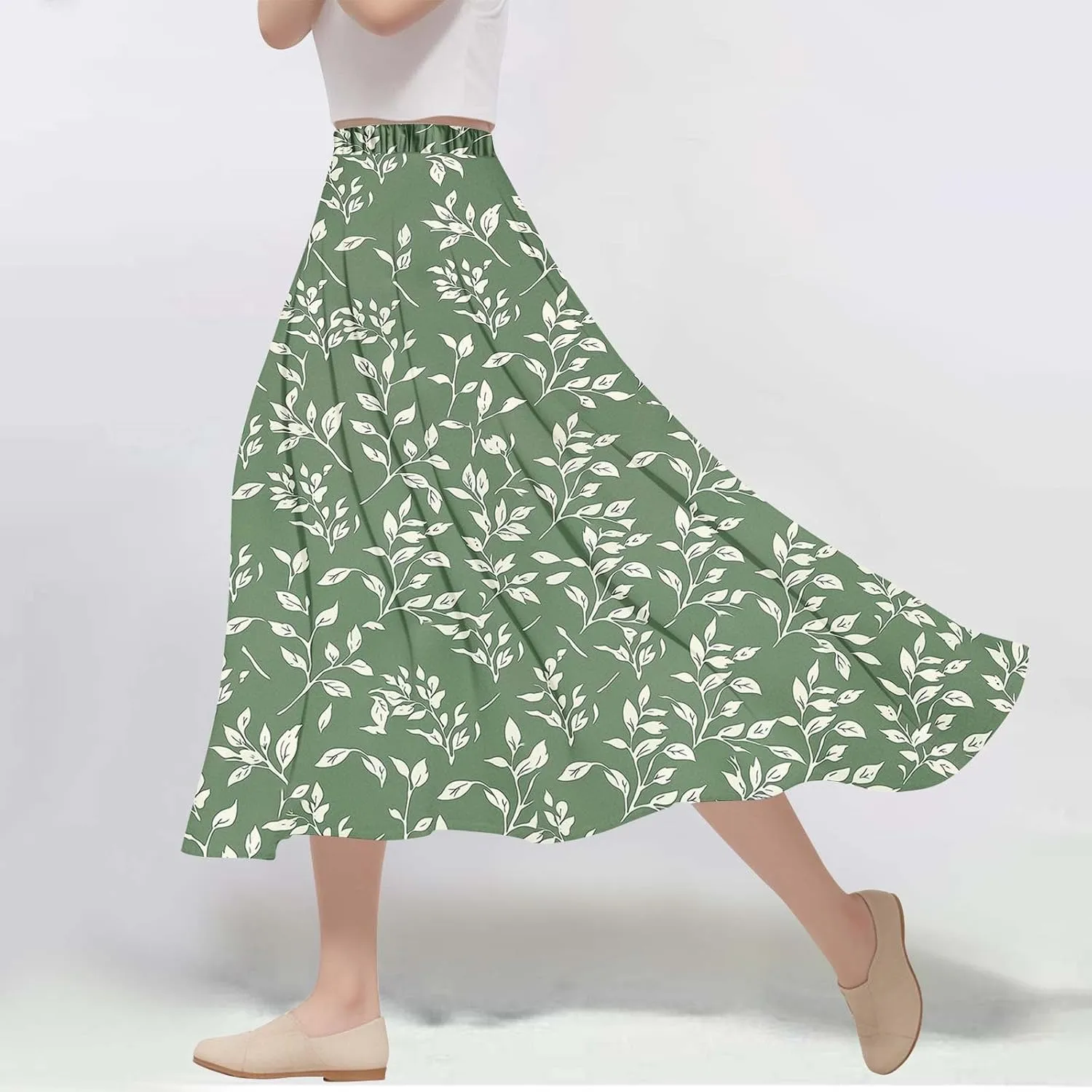 Boho Floral Maxi Skirts for Women Summer Beach Vacation A-Line Pleated Long Skirts Elastic High Waisted Flowy Skirt