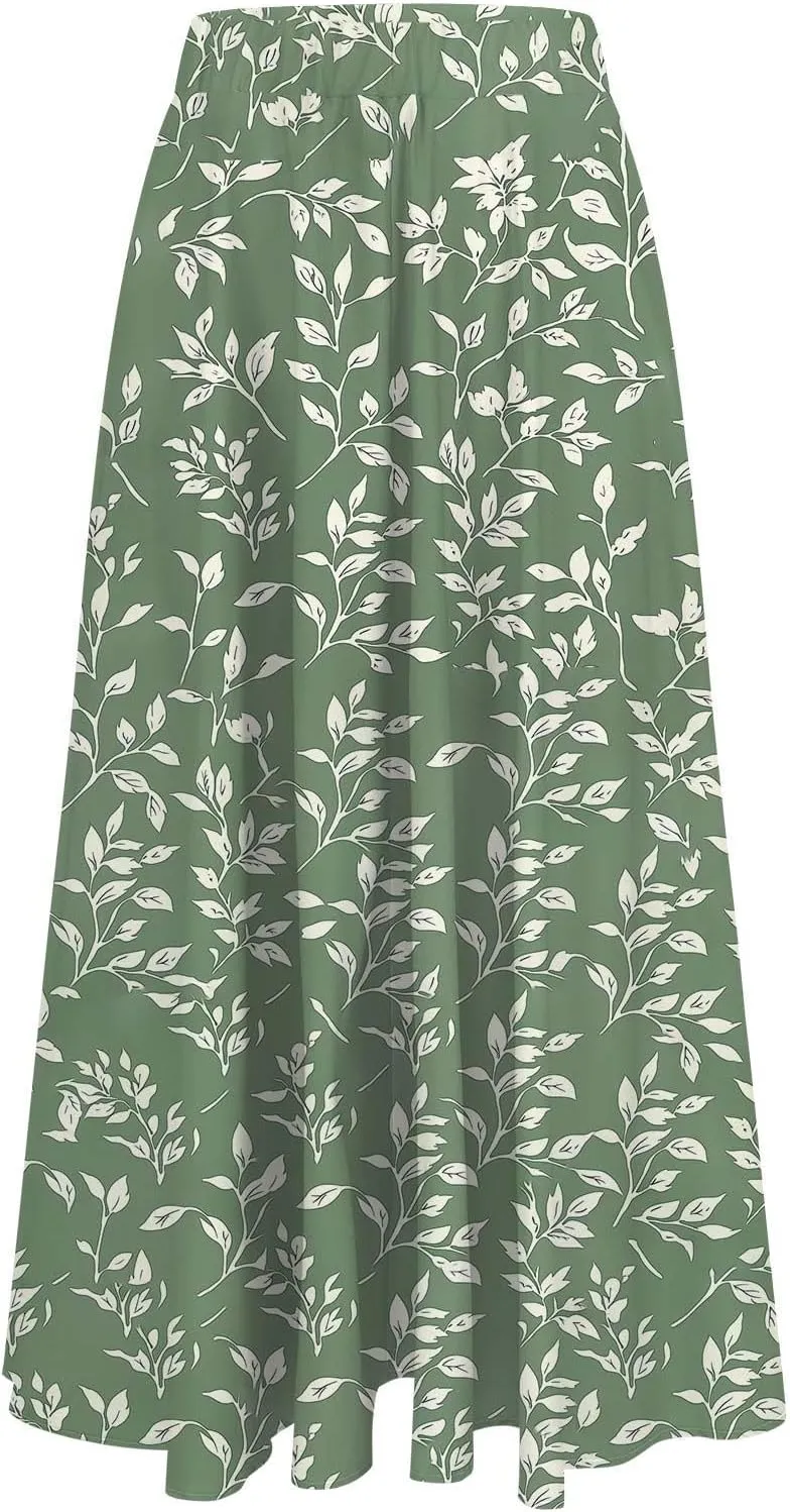 Boho Floral Maxi Skirts for Women Summer Beach Vacation A-Line Pleated Long Skirts Elastic High Waisted Flowy Skirt
