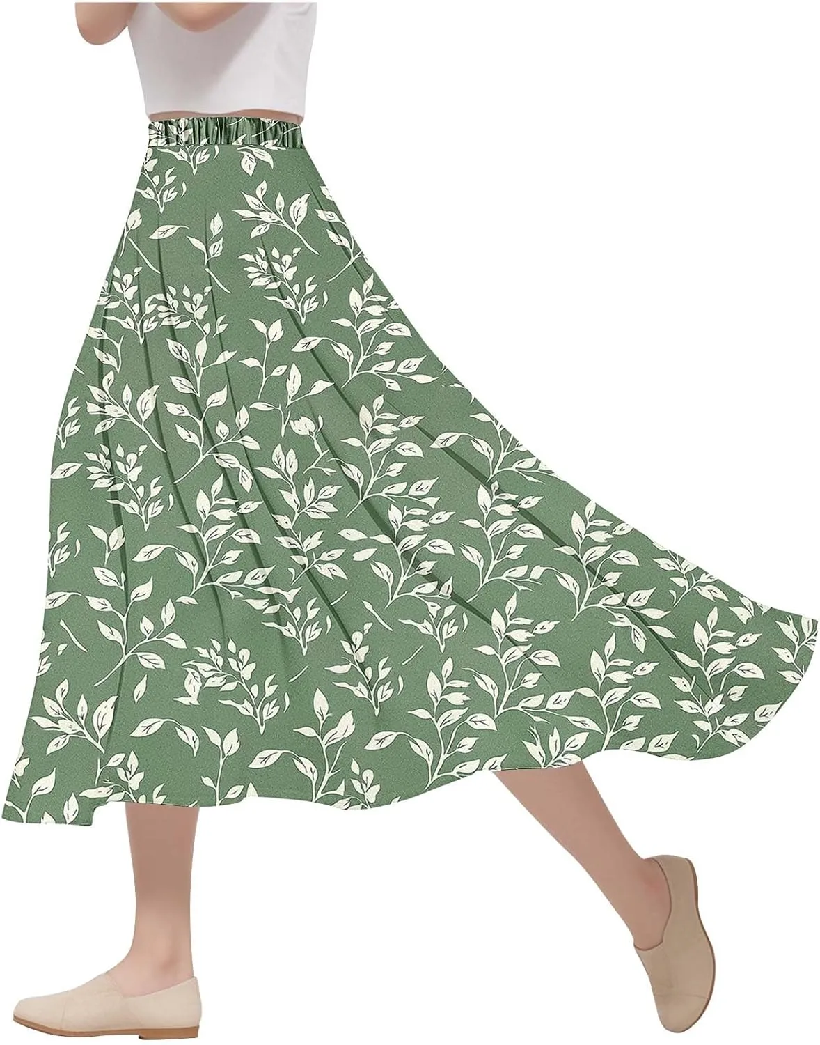 Boho Floral Maxi Skirts for Women Summer Beach Vacation A-Line Pleated Long Skirts Elastic High Waisted Flowy Skirt