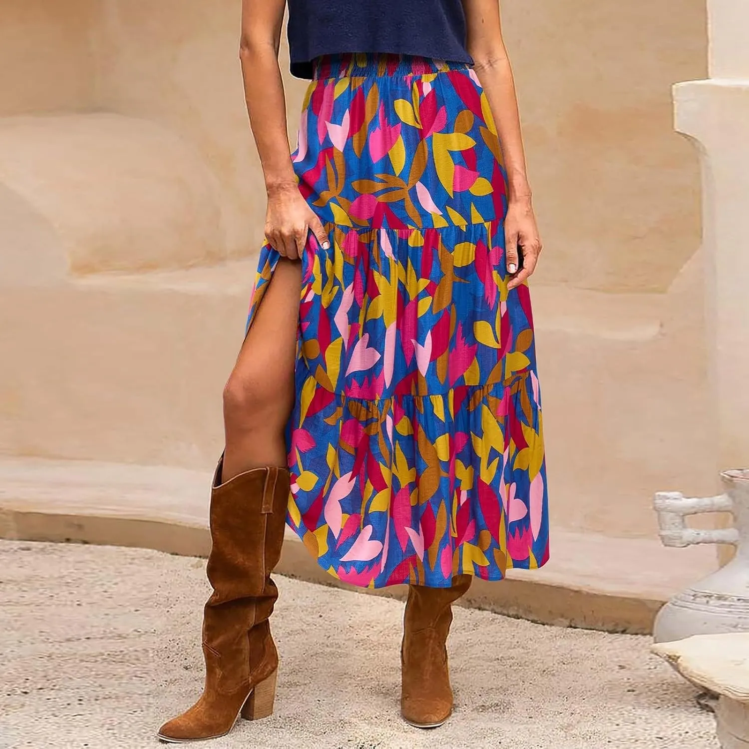 Boho Long Skirts for Women Trendy High Waisted Floral Maxi Skirt Casual Summer Flowy Tiered A Line Skirt Beach Outfit