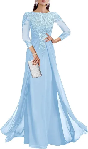 BOLENSYE Lace Appliques Mother of The Bride Dresses 3/4 Sleeve A Line Chiffon Formal Evening Gowns for Women