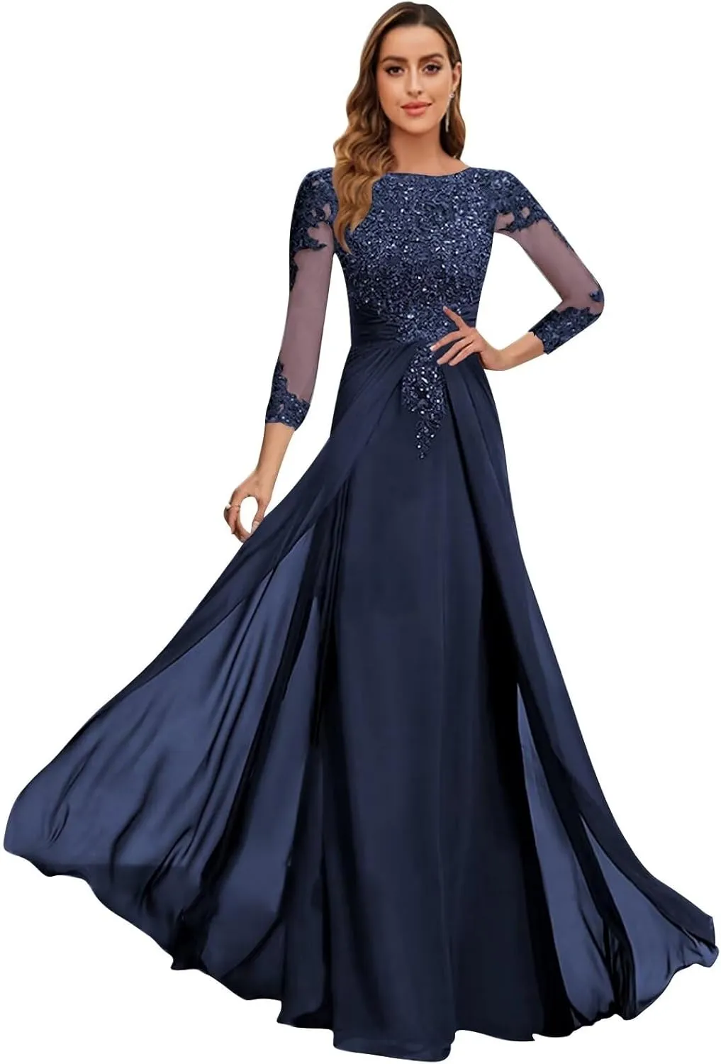 BOLENSYE Lace Appliques Mother of The Bride Dresses 3/4 Sleeve A Line Chiffon Formal Evening Gowns for Women
