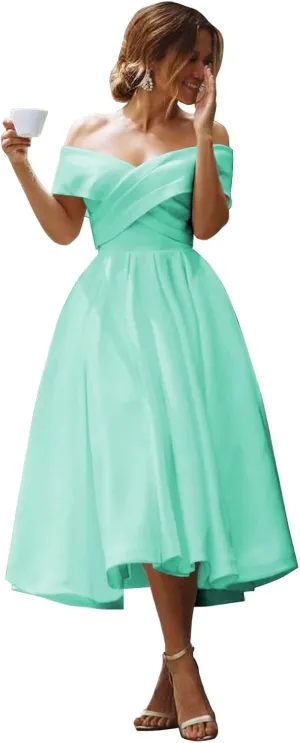 BOLENSYE Off The Shoulder Satin Bridesmaid Dresses A Line Ruched Formal Wedding Guest Dress with Pockets