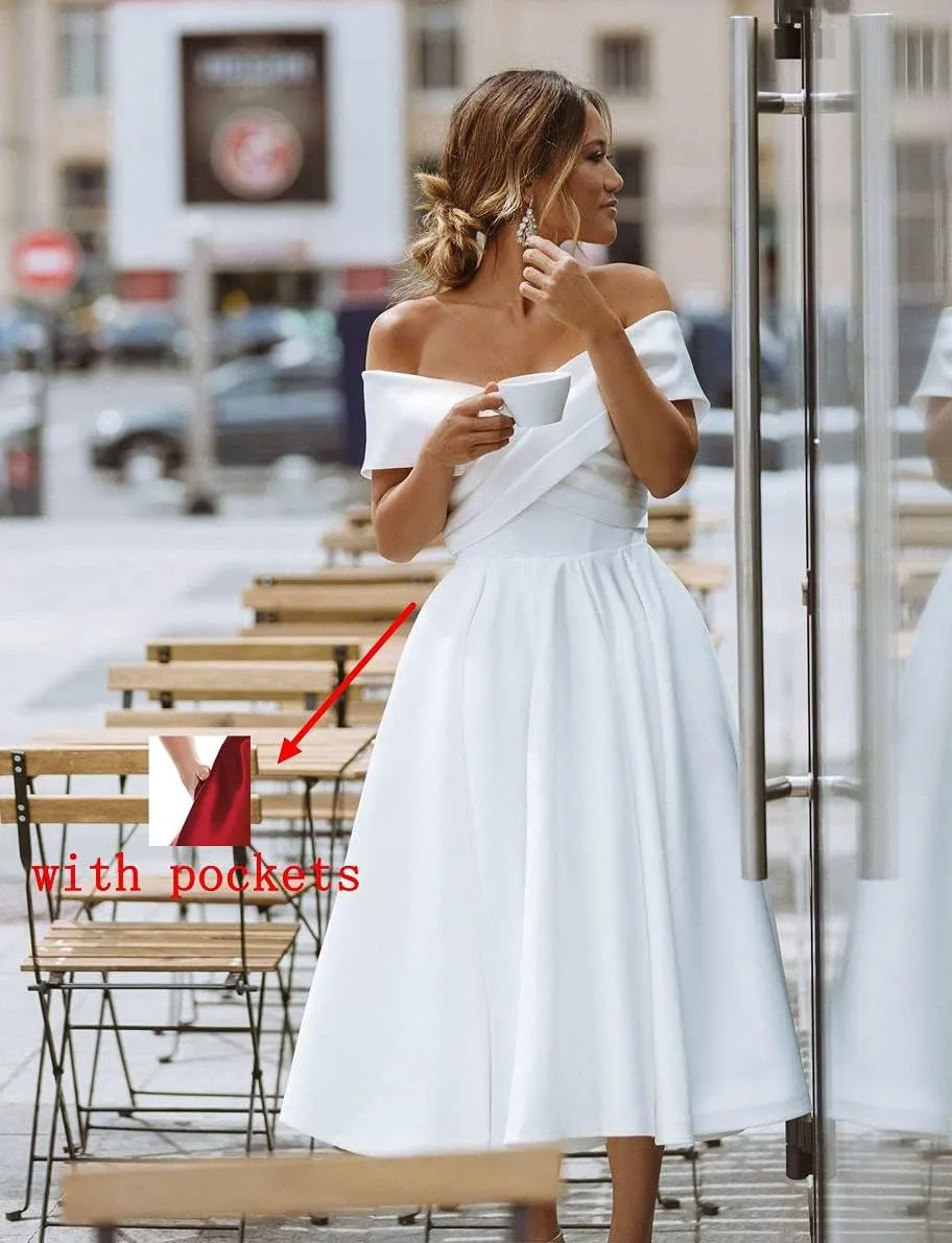 BOLENSYE Off The Shoulder Satin Bridesmaid Dresses A Line Ruched Formal Wedding Guest Dress with Pockets