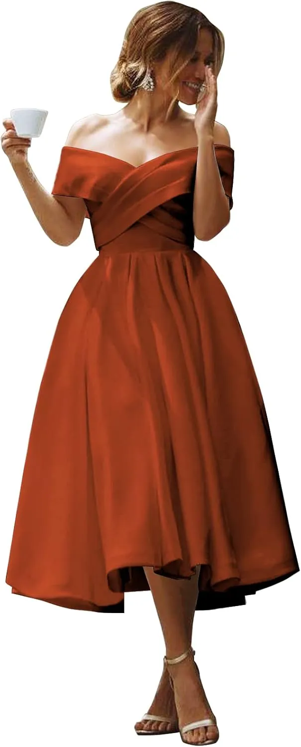 BOLENSYE Off The Shoulder Satin Bridesmaid Dresses A Line Ruched Formal Wedding Guest Dress with Pockets
