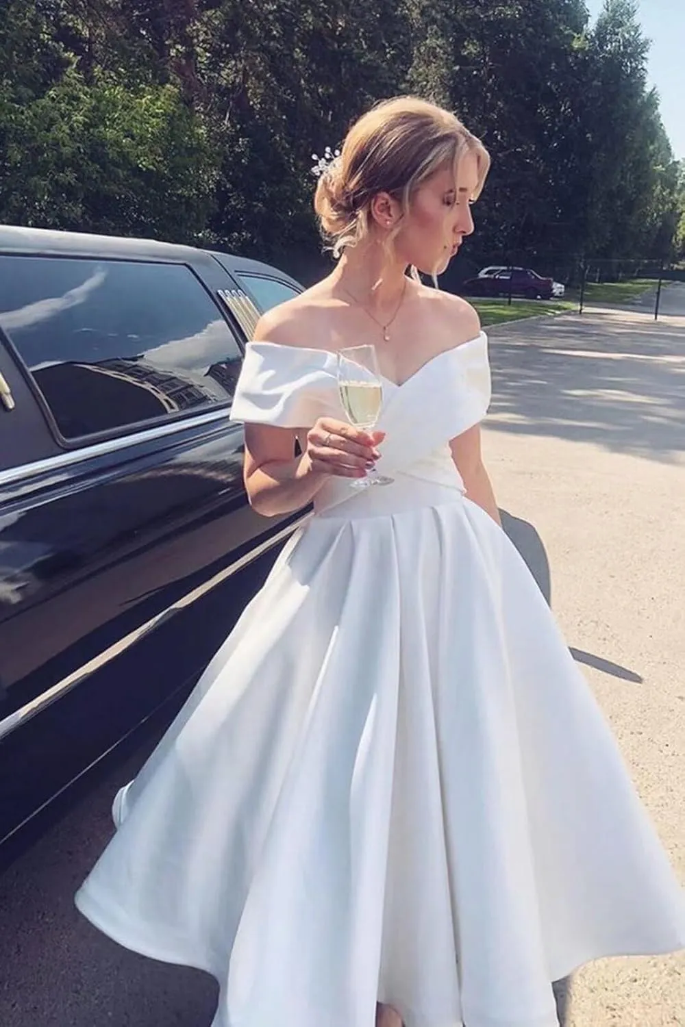 BOLENSYE Off The Shoulder Satin Bridesmaid Dresses A Line Ruched Formal Wedding Guest Dress with Pockets