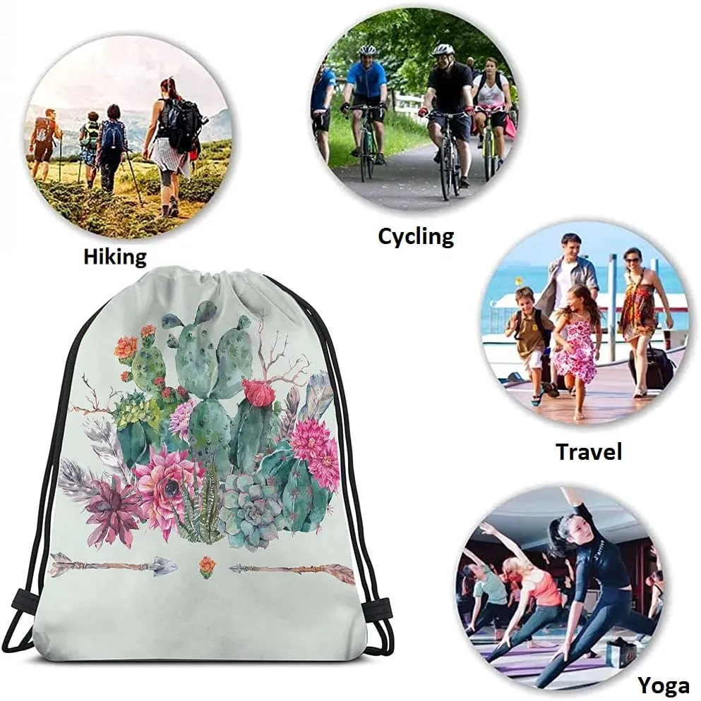 Cactus and Arrow Drawstring Bags Backpack Bag Vintage Summer Succulents Boho Tribal Exotic Flowers Bohemian Sport Gym Sack Drawstring Bag String Bag Yoga Bag for Men Women