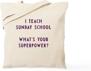 CafePress I Teach Sunday School What's Your Superpo Tote Bag Natural Canvas Tote Bag, Reusable Shopping Bag