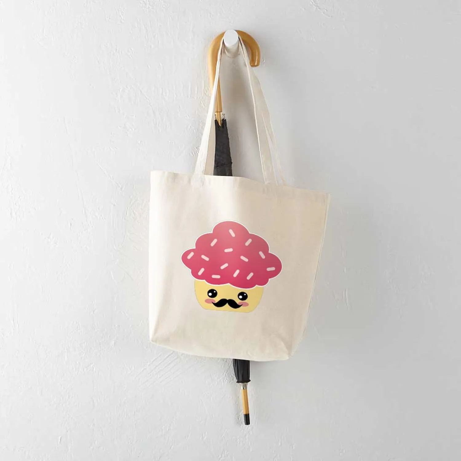 CafePress Kawaii Cupcake With Mustache Tote Bag Natural Canvas Tote Bag, Reusable Shopping Bag
