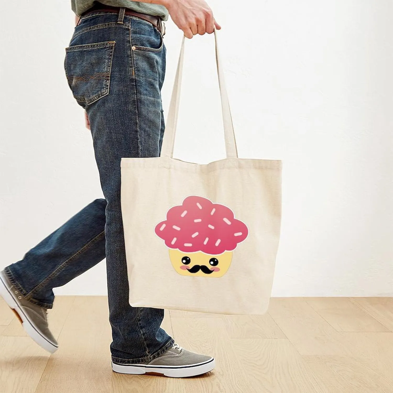 CafePress Kawaii Cupcake With Mustache Tote Bag Natural Canvas Tote Bag, Reusable Shopping Bag