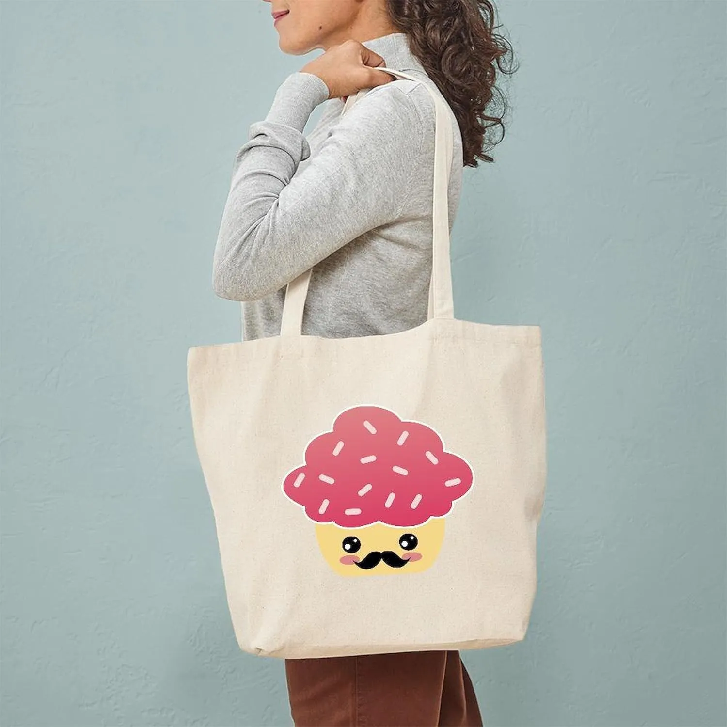 CafePress Kawaii Cupcake With Mustache Tote Bag Natural Canvas Tote Bag, Reusable Shopping Bag