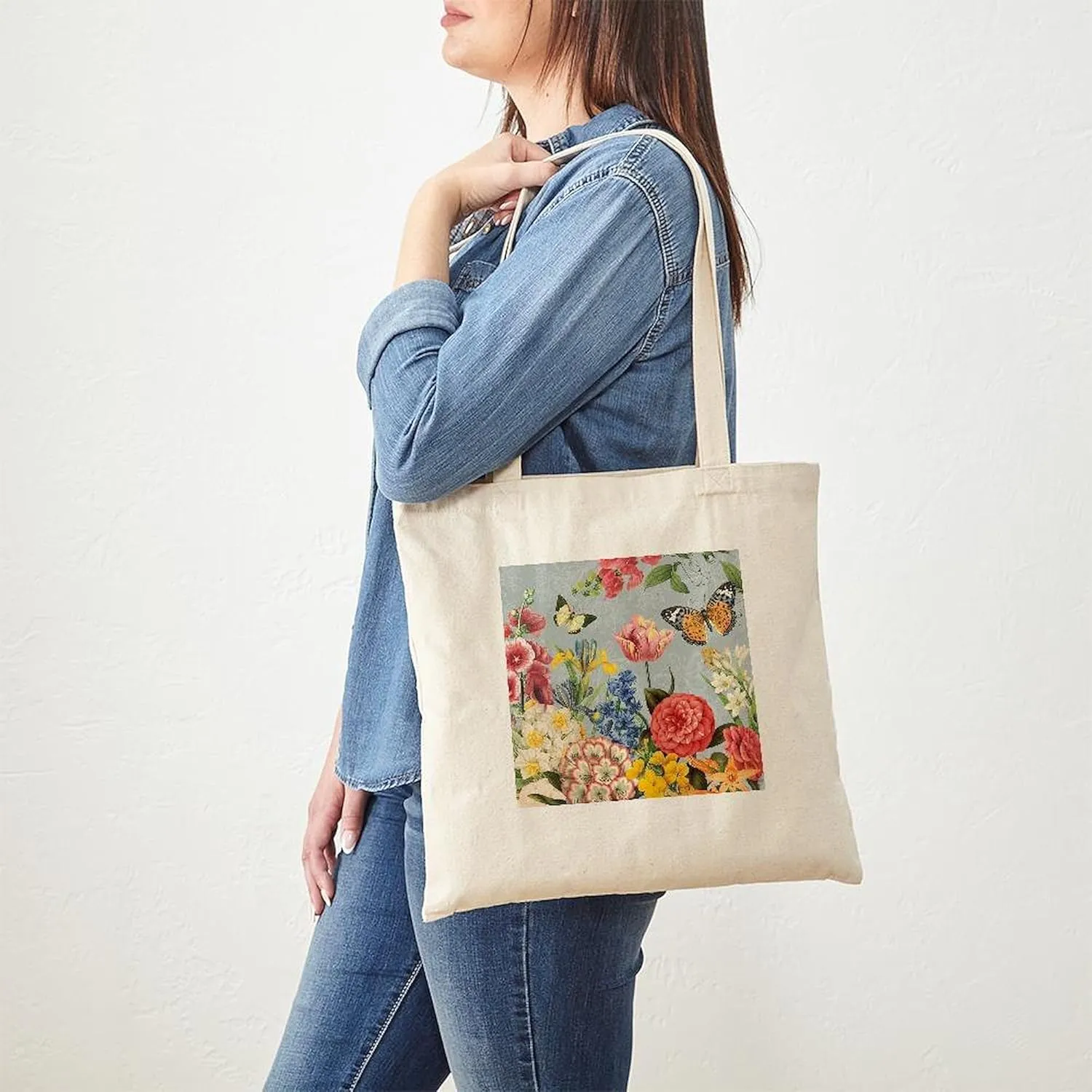 CafePress Modern Vintage Botanical Flowers Tote Bag Natural Canvas Tote Bag, Reusable Shopping Bag