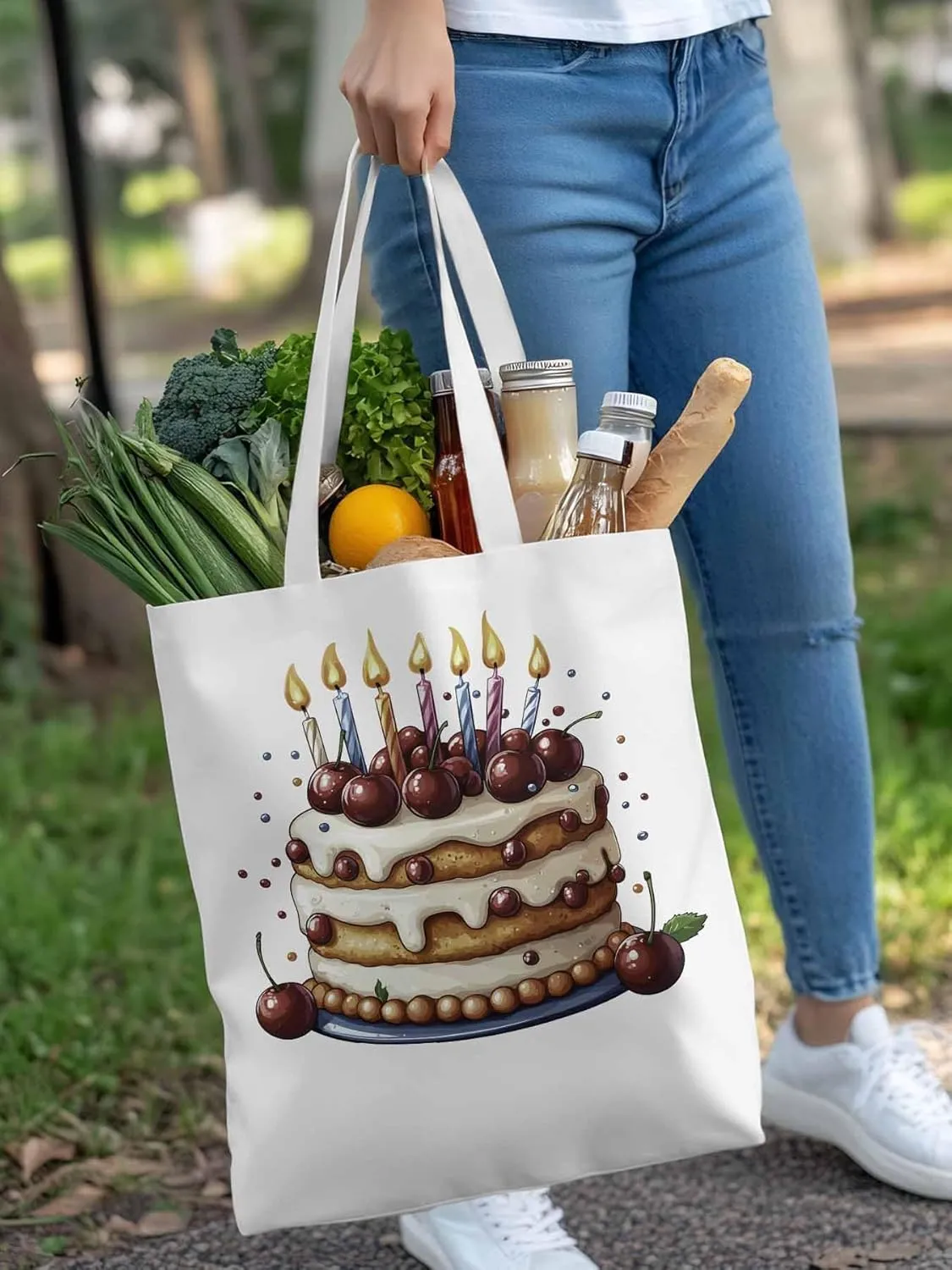 Canvas Tote Bag, Cartoons Cherry Birthday Cake Aesthetic Canvas Tote Handbags for Women Shoulder Bag,