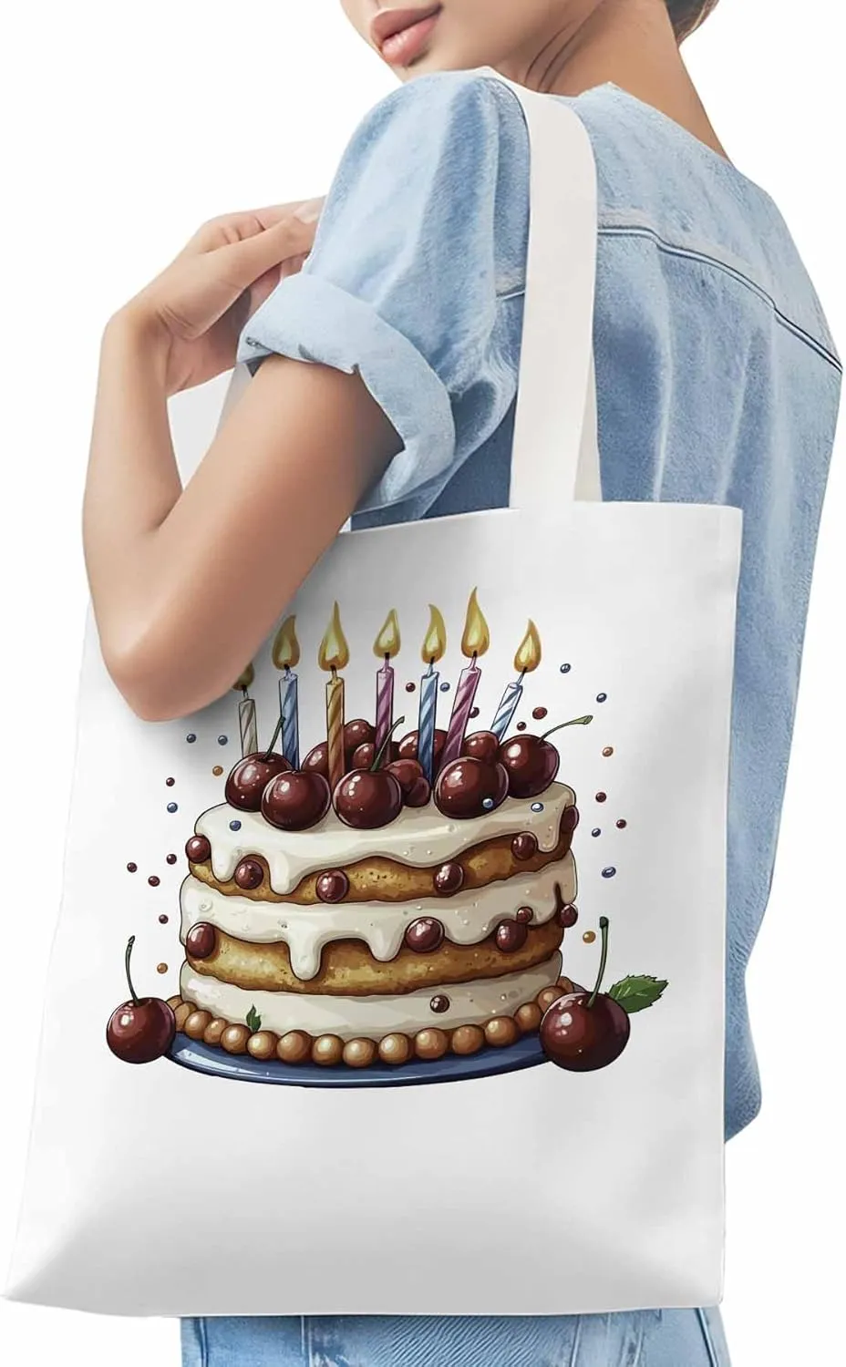 Canvas Tote Bag, Cartoons Cherry Birthday Cake Aesthetic Canvas Tote Handbags for Women Shoulder Bag,