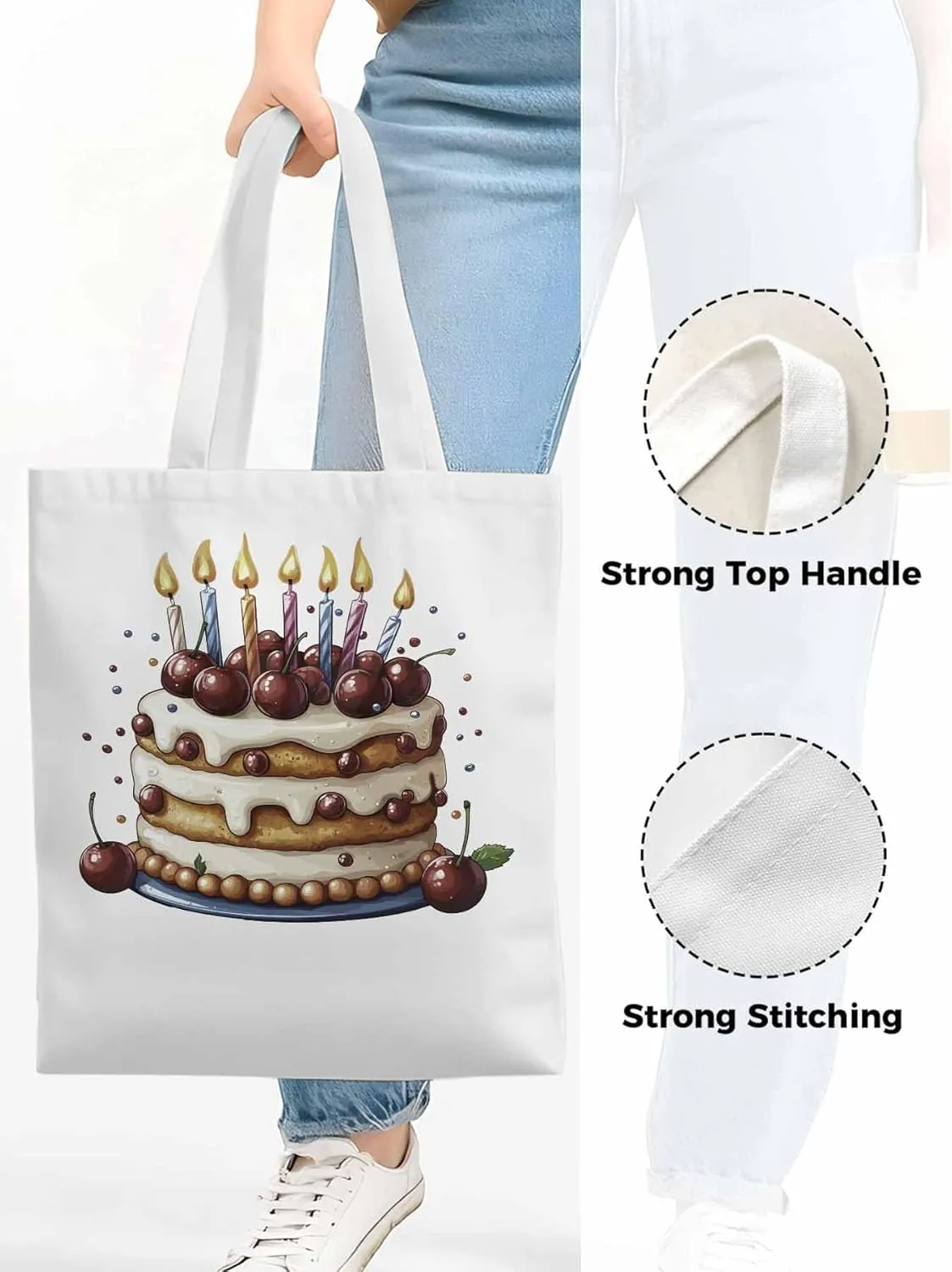 Canvas Tote Bag, Cartoons Cherry Birthday Cake Aesthetic Canvas Tote Handbags for Women Shoulder Bag,