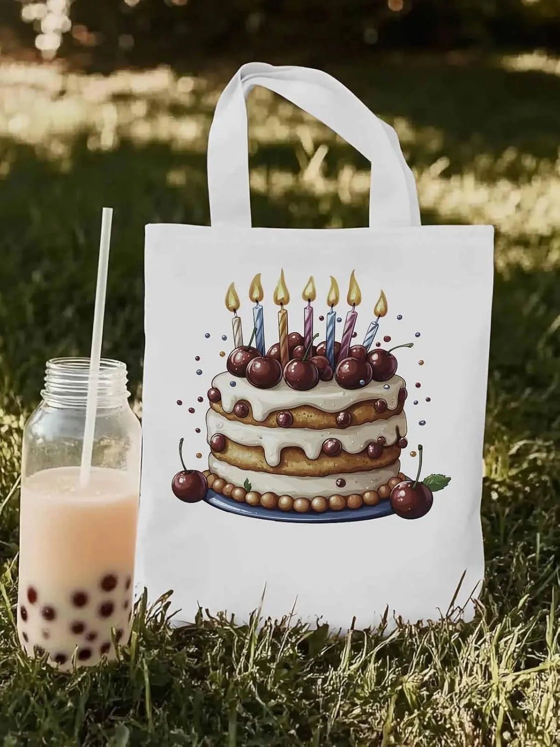 Canvas Tote Bag, Cartoons Cherry Birthday Cake Aesthetic Canvas Tote Handbags for Women Shoulder Bag,