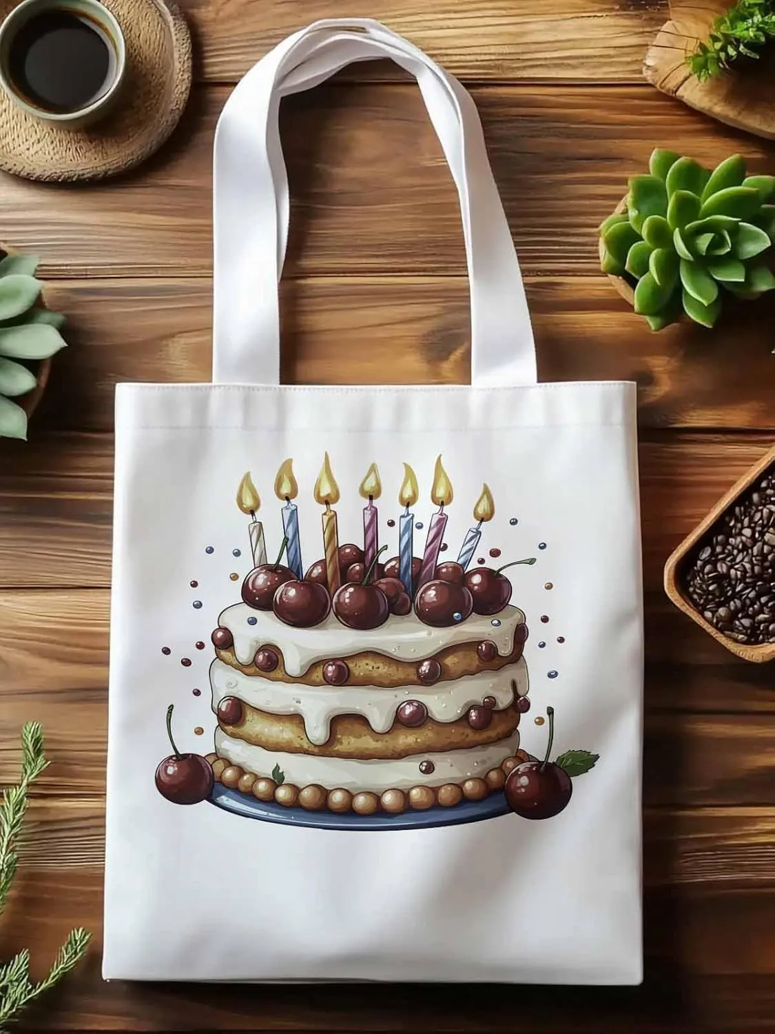 Canvas Tote Bag, Cartoons Cherry Birthday Cake Aesthetic Canvas Tote Handbags for Women Shoulder Bag,