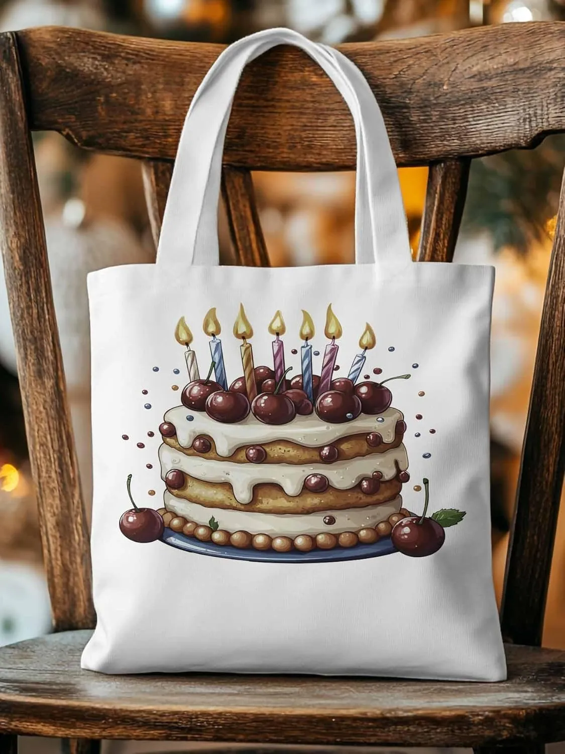 Canvas Tote Bag, Cartoons Cherry Birthday Cake Aesthetic Canvas Tote Handbags for Women Shoulder Bag,