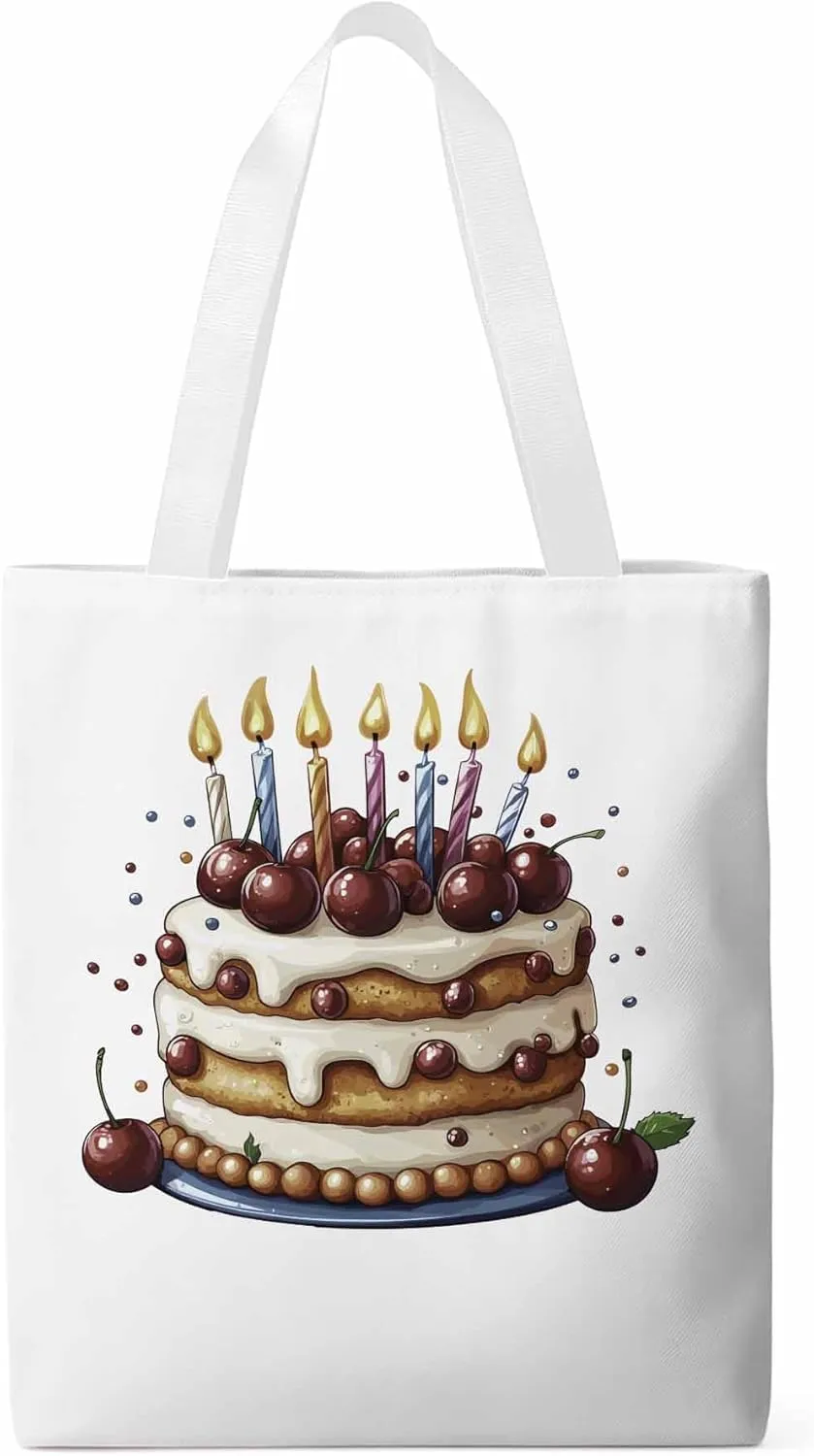 Canvas Tote Bag, Cartoons Cherry Birthday Cake Aesthetic Canvas Tote Handbags for Women Shoulder Bag,