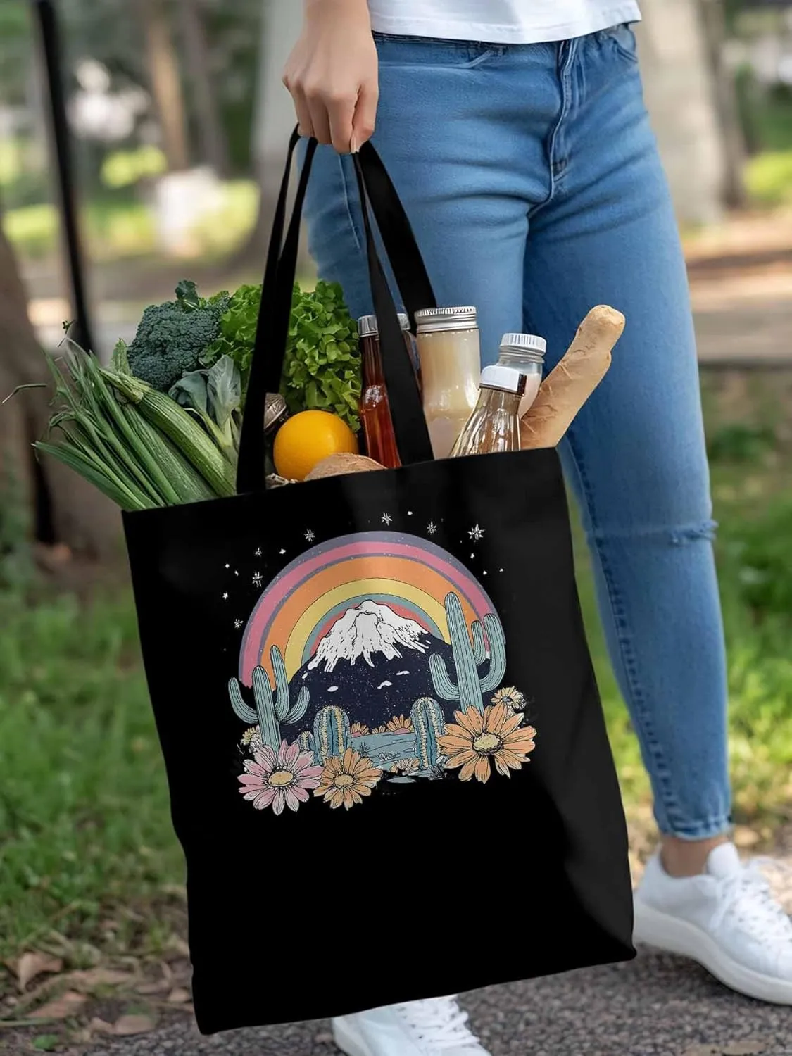 Canvas Tote Bag, Western Mountain Rainbow Cactus Flower patterned Canvas Tote Handbags for Women Shoulder Bag,