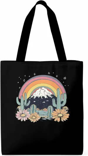Canvas Tote Bag, Western Mountain Rainbow Cactus Flower patterned Canvas Tote Handbags for Women Shoulder Bag,